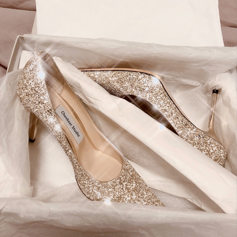主婚纱香槟色高跟鞋水晶女订婚鞋子