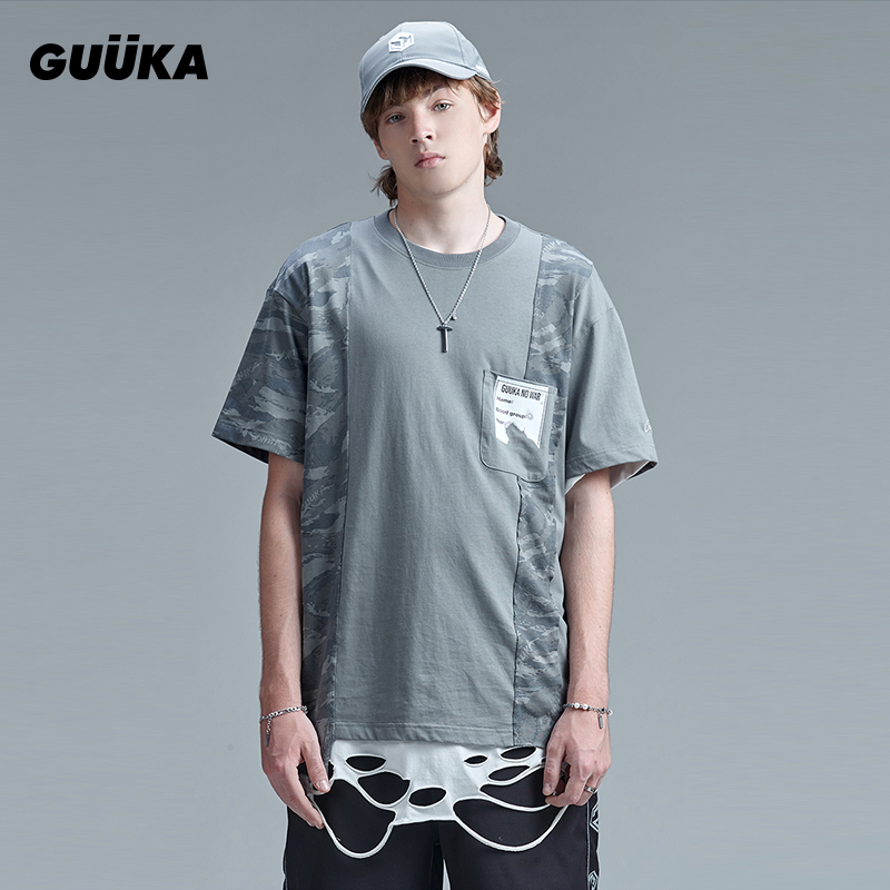 GUUKA迷彩拼接短袖T恤男 - 夏季潮流必备！
