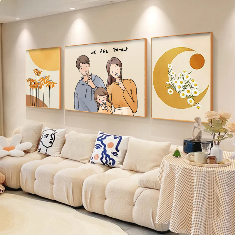 让你家客厅更温馨！现代简约三联壁画，奶油风的挂画，营造温馨背景墙！
