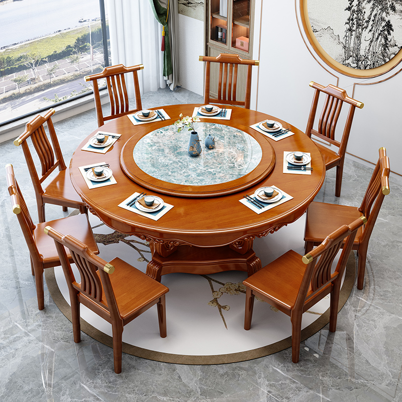 岩板大圆桌，新中式餐桌全实木家用餐桌椅组合推荐
